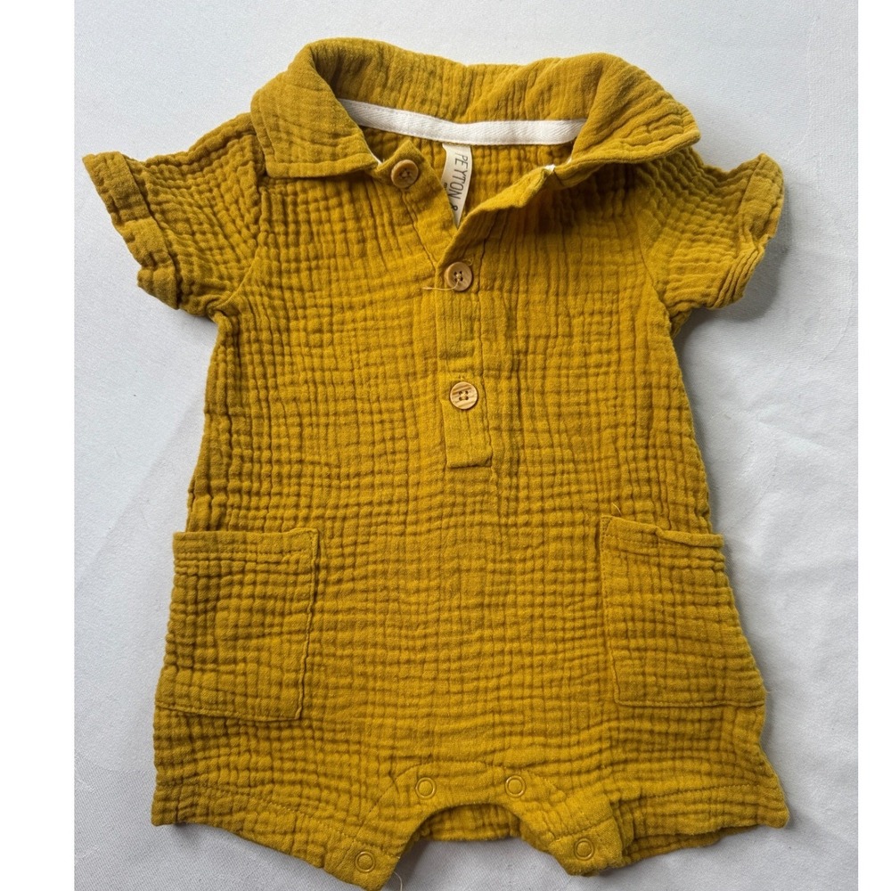 Peyton & Scout Mustard Yellow Muslin Cotton Romper 3-6M Short Sleeve Polo Snaps